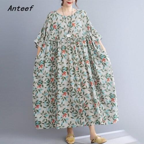 Short sleeve plus size cotton vintage floral dresses for women casual loose long woman summer dress elegant clothes 2021