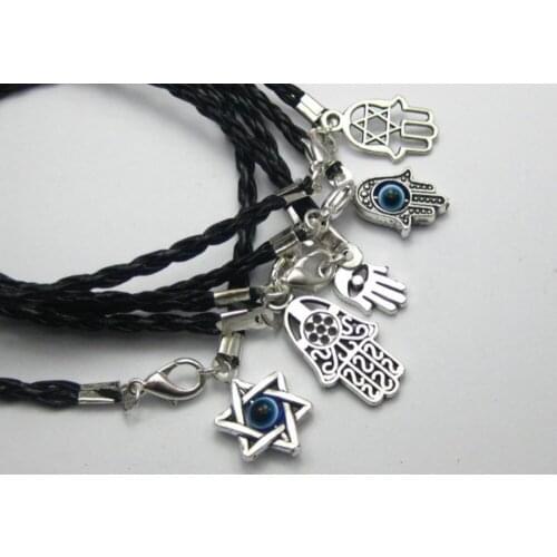 10 Mixed Kabbalah Hamsa Hand Charms Black Leatheroid Braided String Bracelets