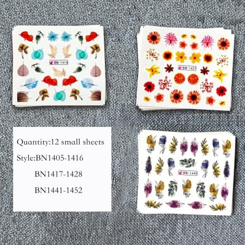 12pcs/lot Natural Leaves Flower Water Nail Stickers Autumn Fall Leaf Dried Petal Nail Decal Set Manicure Slider Transfer Slider