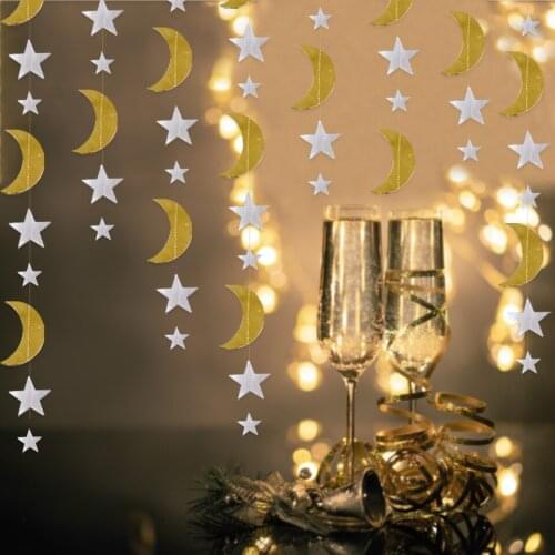 2M Gold Moon Star Eid Ramadan Kareem Paper Garland String Banner Birthday Decoration Hanging Baby Shower Curtain Wedding DIY