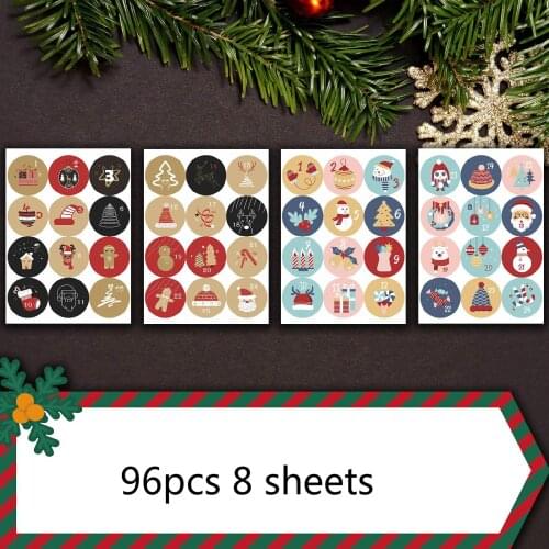 96pcs 8 sheets Merry Christmas Sticker Round Santa Labels Stickers Christmas Calendar for Xmas Tree Gift Bags Decorations