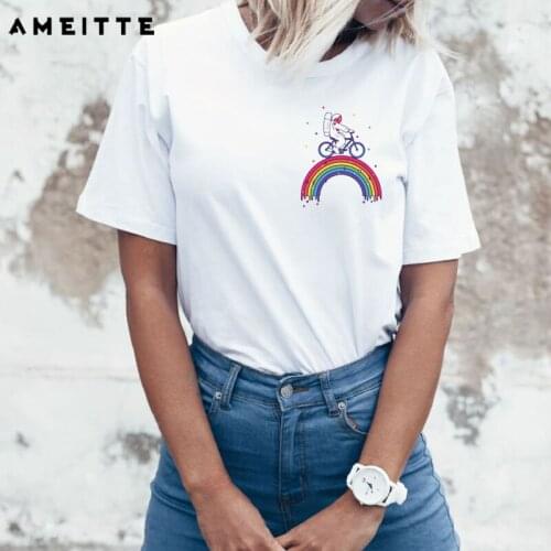 AMEITTE Summer Tops Funny Pocket Design T Shirt Women Rainbow astronaut ride bicycle print Fashion All-match White Tee Shirt
