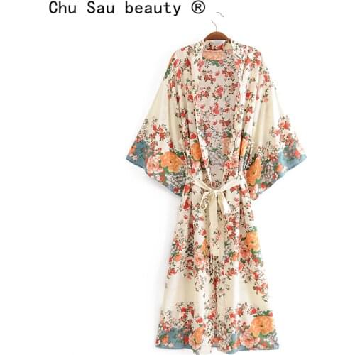 Chu Sau beauty New Fashion Boho Floral Print Long Kimono Women Holiday V-neck Sashes Summer Loose Ladies Long Dresses