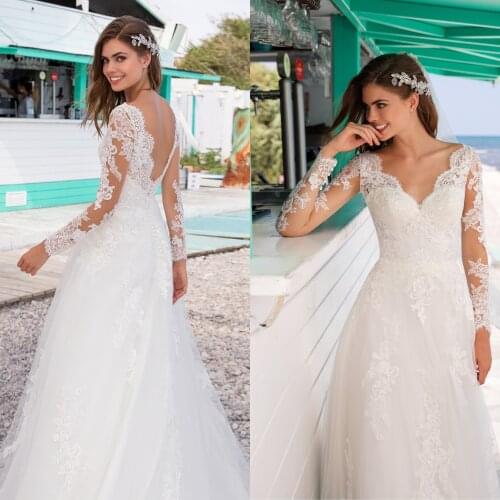 Beautiful A-Line Long Sleeve Wedding Dress V-Neck Appliques Floor Length Design Tulle Gowns Backless Bridal Vestido De Noiva