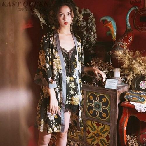 Summer womens sleepwear nightgowns three quarter sleeve print sleepwear robe sets knee-length female sleep lounge DD992 L