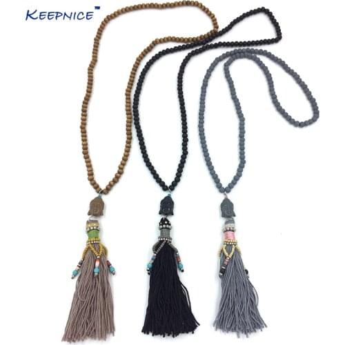New Handmade 108 rosary wood beaded long necklace leather tassel Buddha pendent necklace tibetan Buddha Buddhism Indian necklace