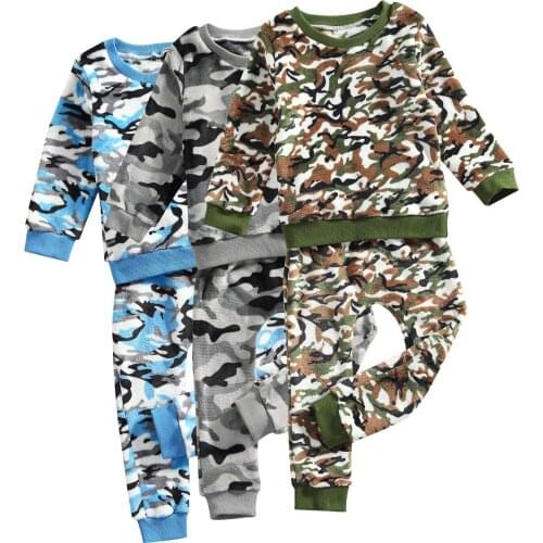 New Boys Casual Two-piece Clothes Set, Camouflage Printed Pattern Pullover and Trousers, Grey/ Blue/ Army Green