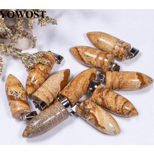 Wholesale 10Pcs/Lot Natural Stone Picture Jasper Beads Pendant Bullet Shape Dangle Charms Fit Necklace Earrings QV0032