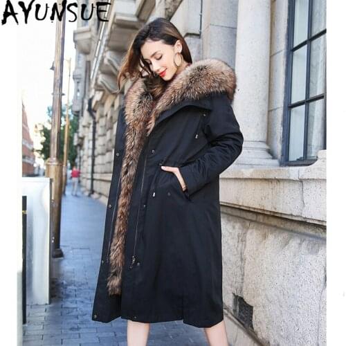 AYUNSUE Real Fur Coat Female Parka Winter Jacket Women Natural Rabbit Fur Liner Raccoon Fur Collar Korean Long Jackets MY3987