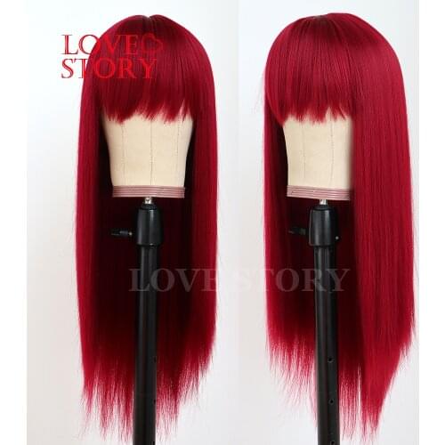 Lovestory Red Color Silky Straight Synthetic None Lace Wigs With Full Bangs Heat Resistant Synthetic Replacement Hair Wig