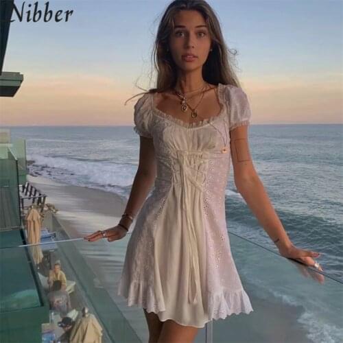 Nibber French Elegance Palace Style Woman Wooden Lace Hook Flower Hollow Waist Thinner Mini Dress A-line Female Dresses