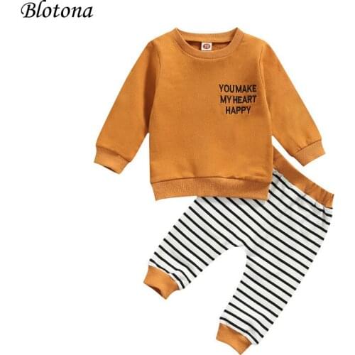 Blotona Newborn Infant Baby Casual Sweatshirt and Trousers Set Fashion Letter Long Sleeve Tops and Striped Long Pants 0-24Months