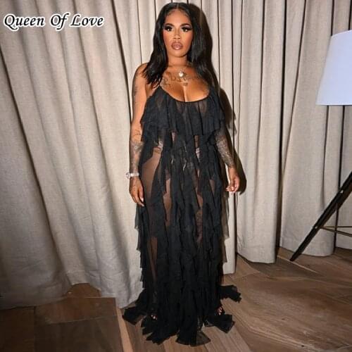 Sheer Mesh Long Maxi Ruffle Cake Dress 2021 Summer Fashion Sexy Club Party Birthday See Through Dresses Vestidos Sundress