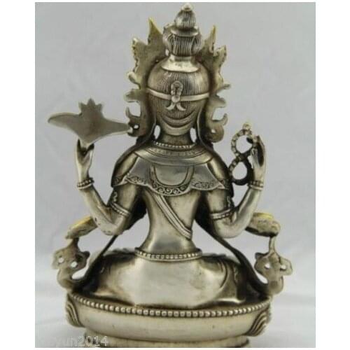 Tibet Tibetan Buddhism Silver Bodhisattva Four arm Kwan Yin Buddha Statue