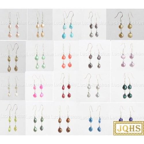 JQHS Dangle 10mm Baroque gray white black Blue pink Multicolor freshwater pearls Earrings 925 silver hook j12059-2