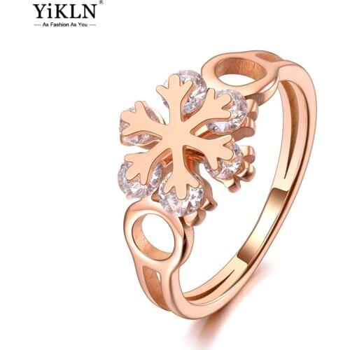 YiKLN Fashion Titanium Stainless Steel CZ Crystal Snowflake Engagement Party Rings For Women Girls Jewelry Anillo YR20061