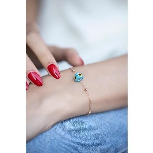 İzla Design 5468 Blue Amulet Model Rose Plated Bulk Chain Silver Bracelet