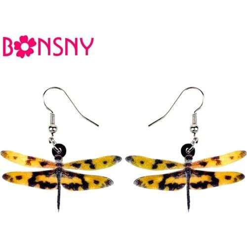 Bonsny Acrylic Cartoon Yellow Spotted Dragonfly Earrings Big Long Dangle Drop Novelty Insect Jewelry For Women Girls Teens Bulk