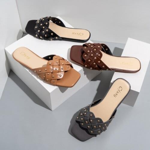 Korean style rivet knitted belt flat heel womens slippers summer 2021 fashion square toe outdoor casual flat slippers women