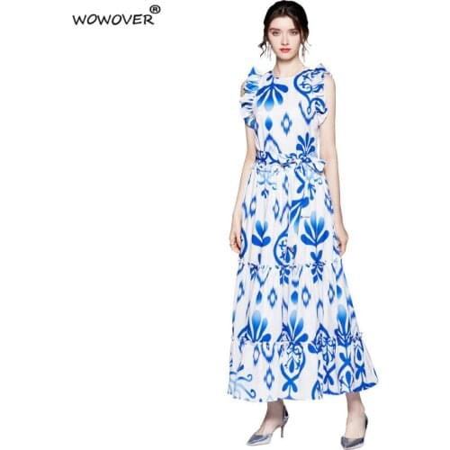 Elegant Runway Ruffles Printing Sashes Summer Long Maxi Dress Women Sleeveless Vintage Aline Holiday Robe Femme Casual Vestidos