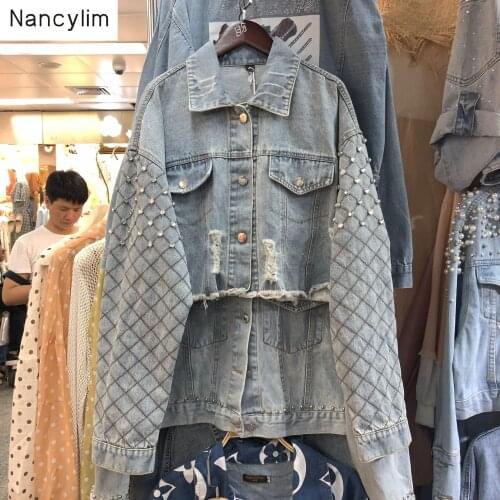 European Style Autumn Short Blue Denim Coat Women Pop Diamond Drill Holes Cropped Jeans Coat