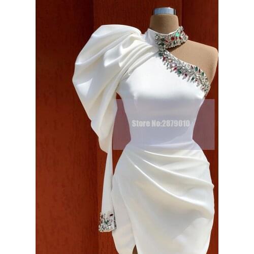 Elegant White Mermaid Evening Dress Floor-Length Beaded Crystal Prom Dress Robe De Soiree Aibye Slit Night Vestidos 2020 Dubai