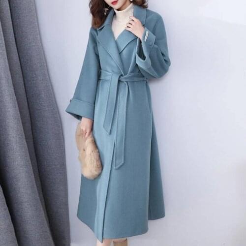Winter Wool Coat Long Bandage Woolen Coat Cardigan Loose Plus Size Outwear With Pocket Turn Down Collar Overcoat Plus Size C-17