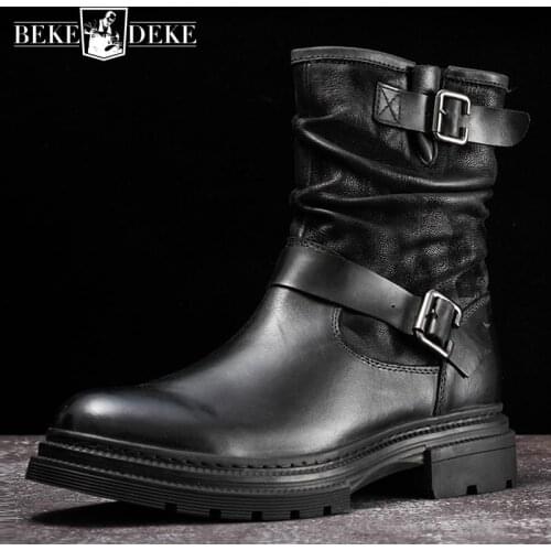 Retro Winter British Genuine Leather Mens Mid Calf Boots Belt Buckle Zipper Round Toe Thick Bottom Male Safety High Top Boots