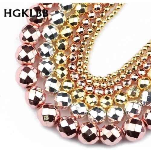 Rose Gold Silve Hematite beads Natural Stone 2/3/4/6/8/10mm Faceted Round Loose beads Jewelry Making bracelets necklace DIY