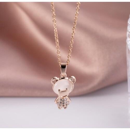 Fashion Cute Opal Bear Pendant Necklace Stainless Steel Chain For Women Girls Cartoon Animal Copper Charms Choker Jewelry Gifts