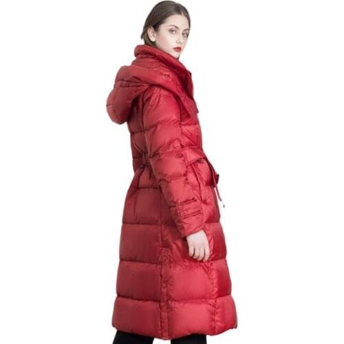 Ladies winter down jacket with hooded and belt length design black red navy blue plus size coat