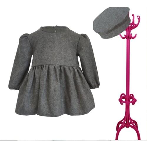 Baby Mika Girl Dress Hat Suit Long Sleeve 1-8 Years Old Kids Girls Woven Set Long Sleeve Gilet and Dress Crew Neck Plain