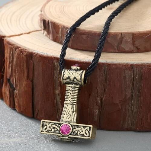 QIAMNI Cross Hammer Pink Zircon Crystal Necklace Pendant Svarog Slavic Viking Perun Odin Zeus Amulet Rope Chain Collars Gift