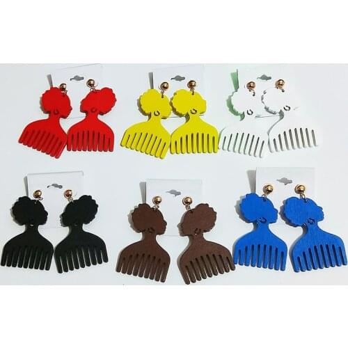 Cute African Head Comb Wooden Drop Earring Vintage Print Design Wood Ear Loops Dangle Jewelry Wedding Party Gift DIY Accessories