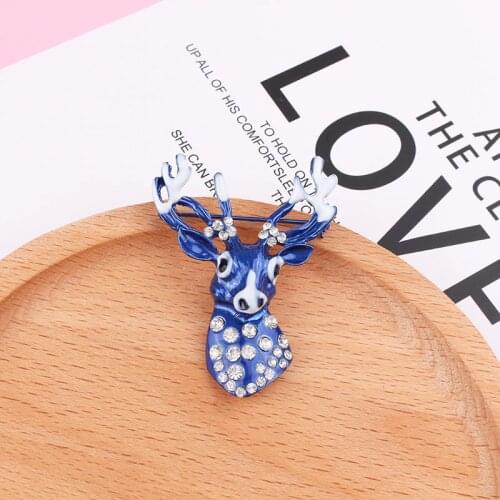 LUBOV Lovely Rhinestone Inlaid Blue Crystal Deer Head Brooches Pins Gold Color Metal Brooch Pin for Men Women Wedding Jewelry