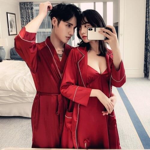 Spring new couples pajamas ladies nightgown silk condole belt nightgown two-piece mens wedding gown robe