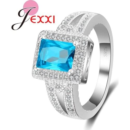 New Square Blue CZ Crystal 925 Sterling Silver Rings Fashion Woman Wedding Jewelry Accessory Brand Bridal Promise Rings