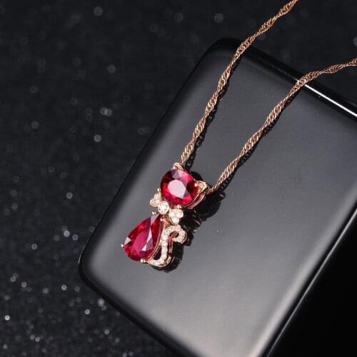 Fashion 925 Silver Necklaces for Women Ruby Gemstone Cat Shape Pendant Jewellery Ornament For Female Birthday Party Gifts Chain