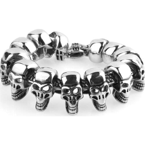 Punk Stainless Steel Gold Skull Charm Bracelets For Men Gothic Silver Color Skull Heads Cuban Link Chain Bracelet Jewelry