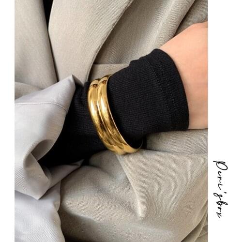 Perisbox Solid Gold Color Titanium Steel Double Wide Cuff Bangle for Women Polished Metal Dome Bangle Pulsera Minimalist