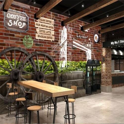 Beibehang Custom 3d Wallpaper Retro Brick Wall Wooden Wheel London Coffee Shop Background Wallpaper