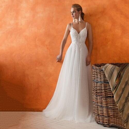 Simple Wedding Dresses V Neck Spaghetti Straps High Quality Applique A Line Sleeveless Civil Bridal Gowns Tulle Backless