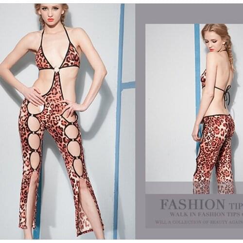 See Through Transparent Leopard Print Sexy Women Mesh Long Jumpsuit Festival Body Outfits Party Clothing New