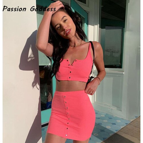 Sexy Women 2 Piece Crop Top Bodycon Skirts Set Pink Outfits Button Camis Tops High Waist Package Hip Skirts Two Piece Party Set