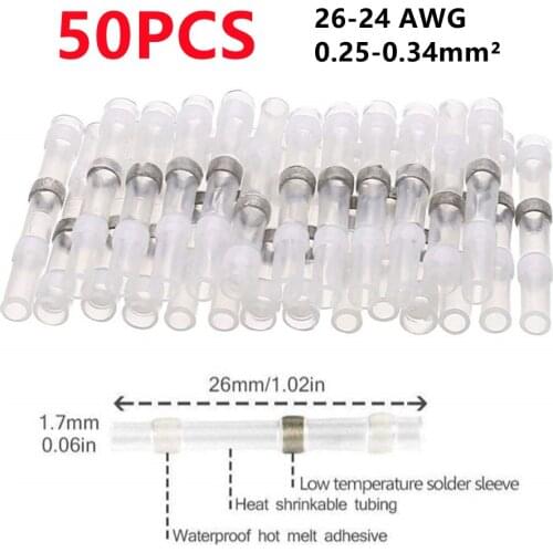 10/50/100PCS White Heat Shrink Wire Connector Waterproof Insulated Butt Wire Sleeve Tinned Copper Solder Seal Terminal AWG26-24