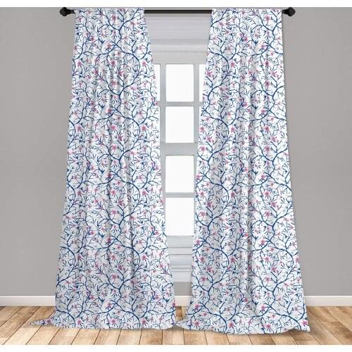 Navy and Blush Window Curtains Blooming Sakura Tree Branches with Grunge Display Nature Curtain with Rod Pocket