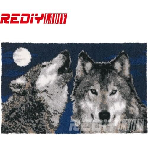 DIY Latch Hook Rug Kits Unfinished Crocheting Tapestry Yarn Needlework Cushion Sets for Embroidery Carpet Wolves with Moon Mat