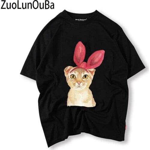 ZuoLunOuBa Summer Fashion Womens T Shirt Cute Cat Bow Print Harajuku Short Sleeve Round Neck Loose Black Tees Tops
