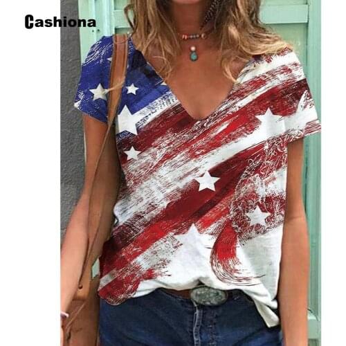 Plus Size 3xl Ladies Elegant Leisure Casual T-shirt American Flag Print Womens Top Clothing 2021 Summer V-neck Loose Tees Shirt