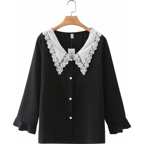 Oversized shirt lace collar flare sleeve chiffon womens blouse new 2021 spring autumn Womens long sleeve top pink black violet